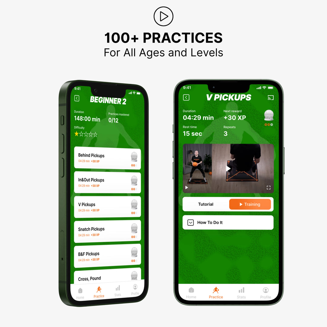 A smartphone displaying the SilentBall basketball training app, showcasing a clean interface with options for over 100 different drills and practices.