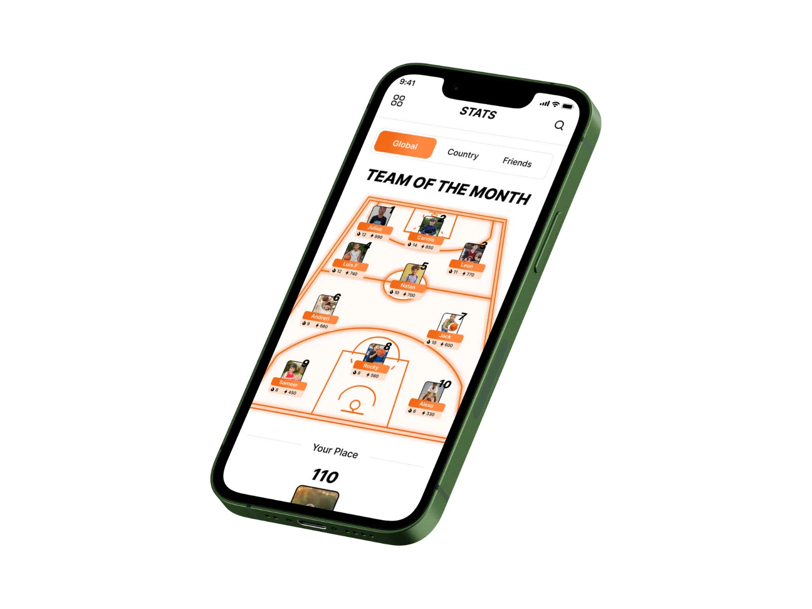 A smartphone screen showing the SilentBall basketball training app. The clean interface prominently features a leaderboard displaying the top 10 players, highlighting competitive engagement within the app.