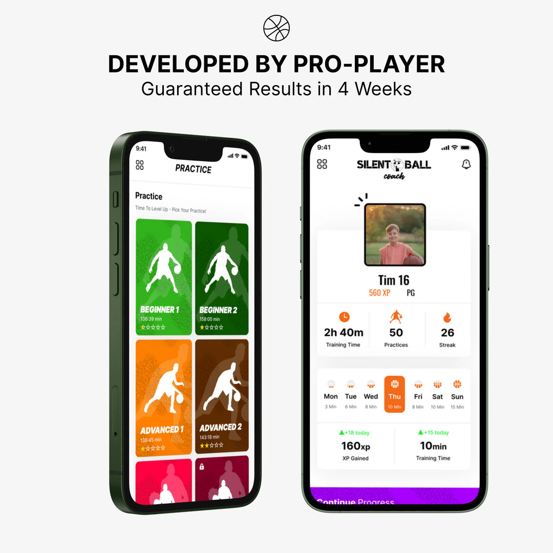 An image representing the SilentBall Coach basketball training app, emphasizing its development by a professional player and a promise of guaranteed results in just 4 weeks.