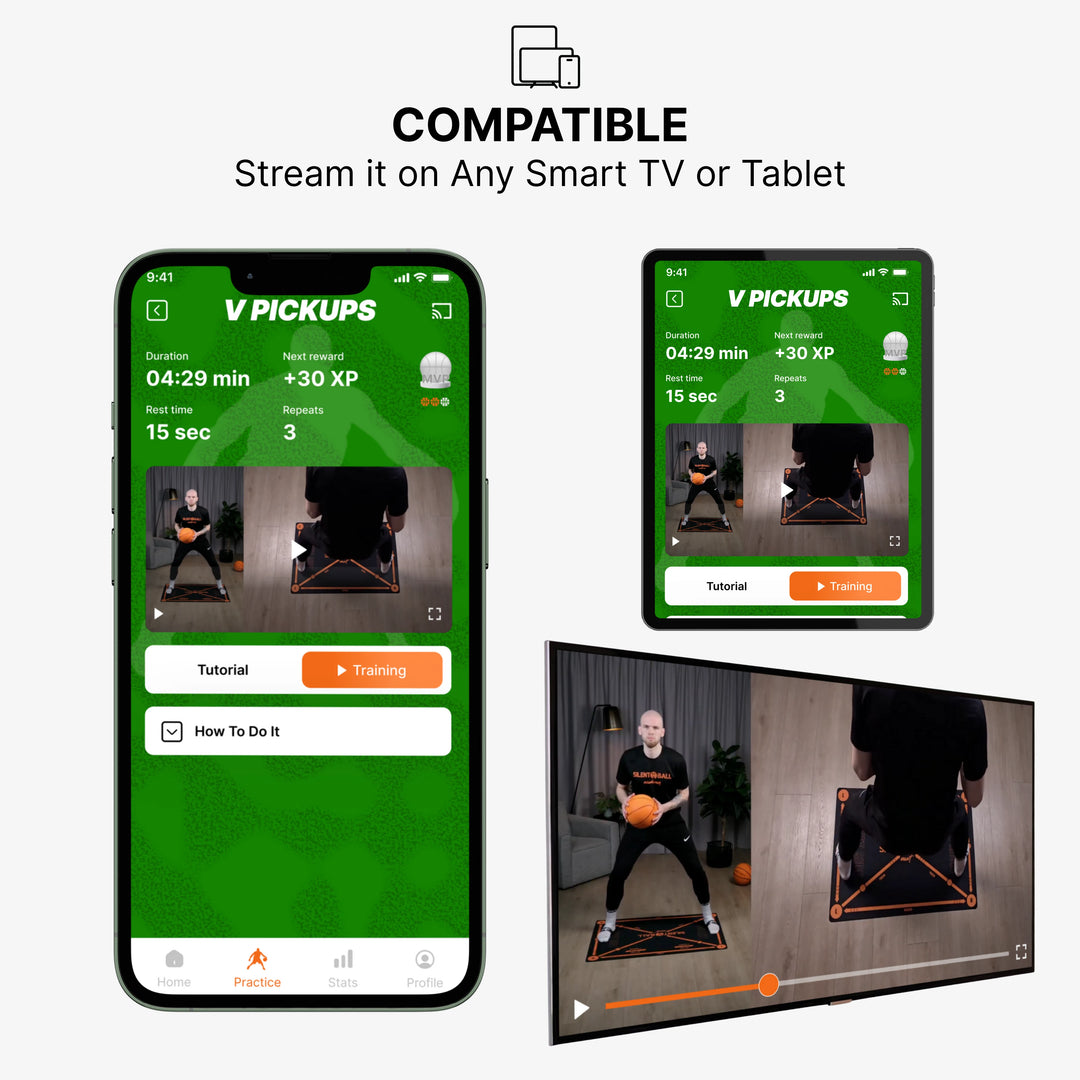 The SilentBall Coach basketball training app seamlessly displayed on a smartphone, tablet, and TV screen, demonstrating its universal compatibility and accessibility across all smart devices