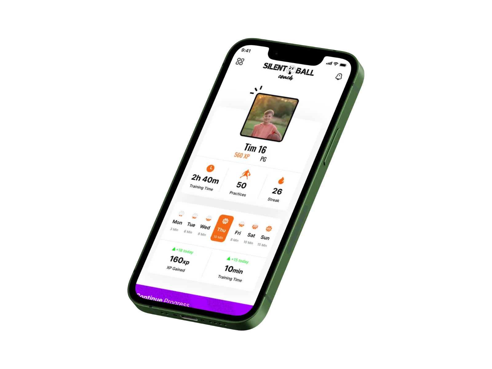 A smartphone displaying the SilentBall basketball training app, showcasing a clean interface with options for over 100 different drills and practices. The app is compatible with various smart devices.
