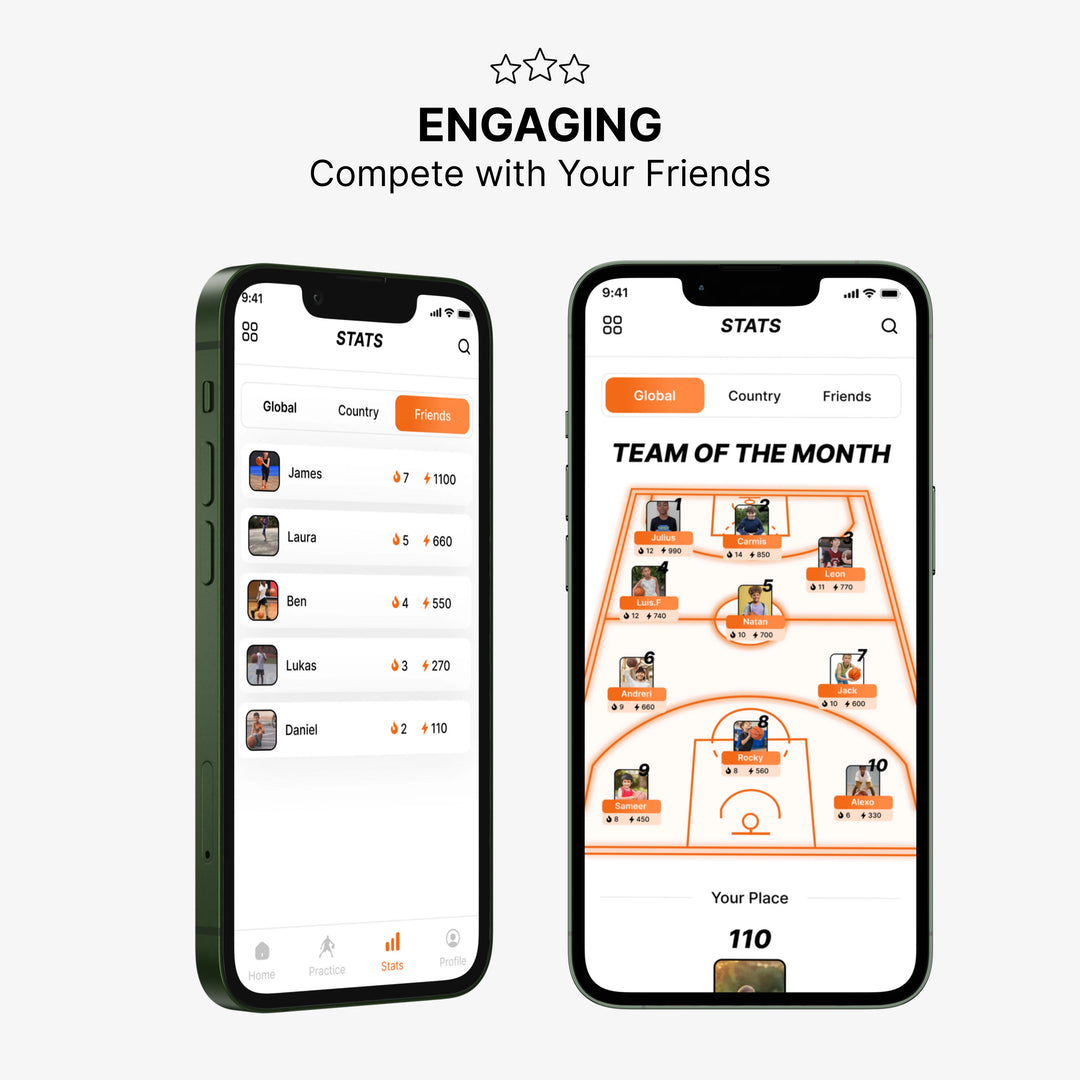 A smartphone screen showing the SilentBall basketball training app. The clean interface prominently features a leaderboard displaying the top 10 players, highlighting competitive engagement within the app.