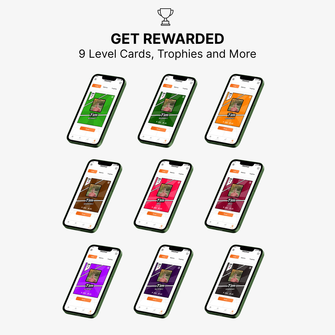 A smartphone displaying the SilentBall basketball training app. The screen shows 9 distinct level cards, each representing an achievement tier, indicating player progression and skill advancement. The app is fully compatible with any smart device