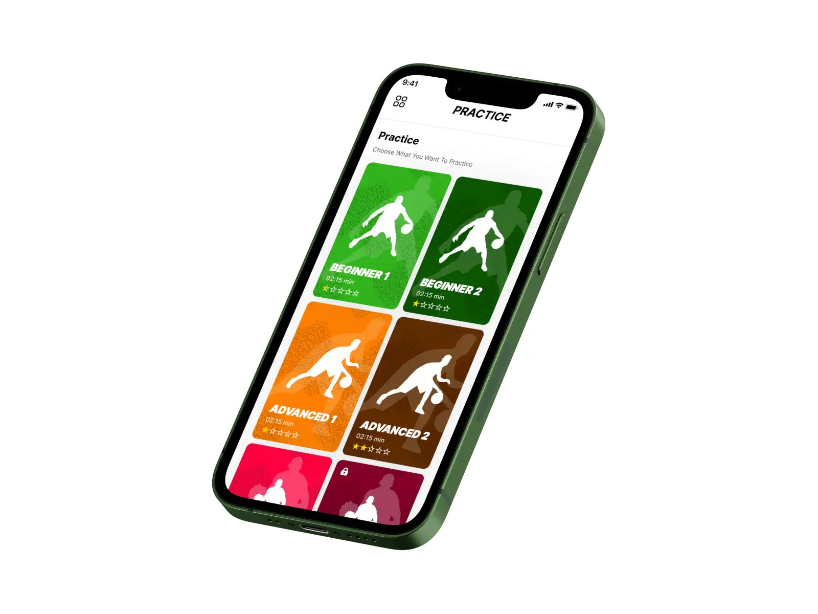 A smartphone displaying the SilentBall app, showcasing a user interface with 9 distinct levels or achievement tiers. The levels are visually represented as cards or badges, indicating progression within the app's training program