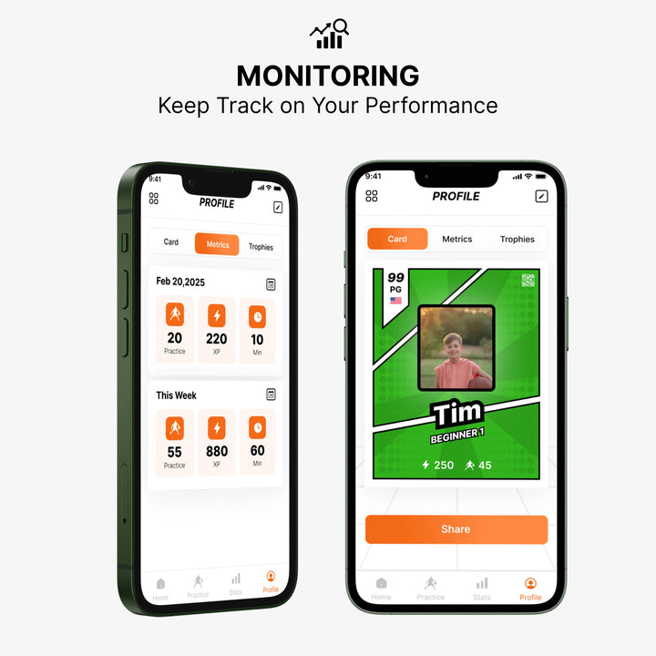 A smartphone displaying the SilentBall basketball training app, showing detailed progress tracking with charts, graphs, and statistical breakdowns of a user's performance over time