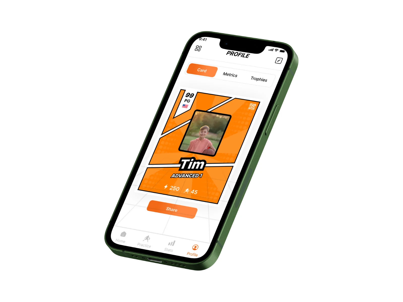 A smartphone displaying the SilentBall basketball training app. The screen shows a user's profile card with various achievements and progress metrics, emphasizing individual player development.