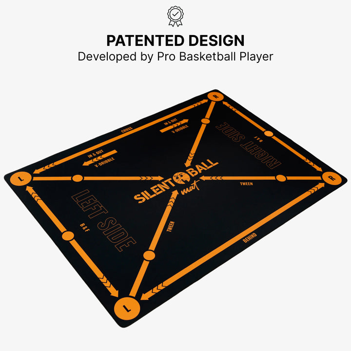 A product image of the SilentBall training mat, highlighting its unique and patented design, developed for optimal basketball training performance