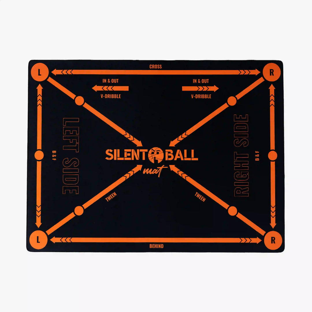 Silent Ball mat with orange lines and text on a black background