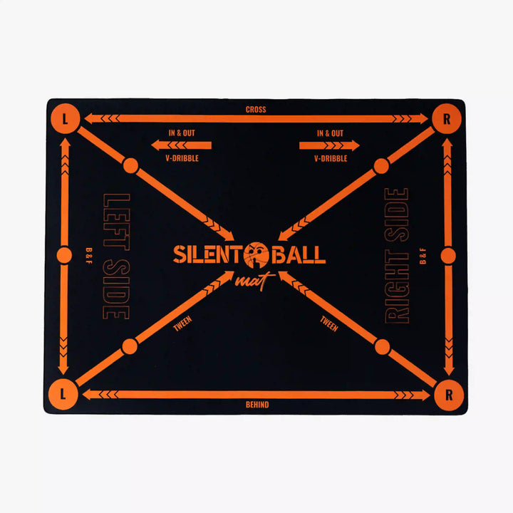 Silent Ball mat with orange lines and text on a black background