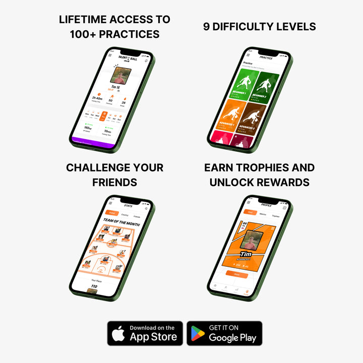 A smartphone displaying the SilentBall basketball training app, showcasing a clean interface with options for over 100 different drills and practices.