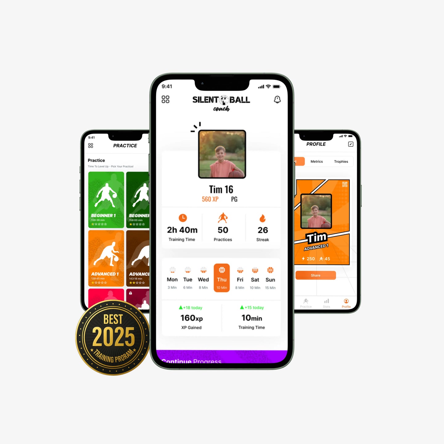 A smartphone displaying the SilentBall basketball training app, showcasing a clean interface with options for over 100 different drills and practices.