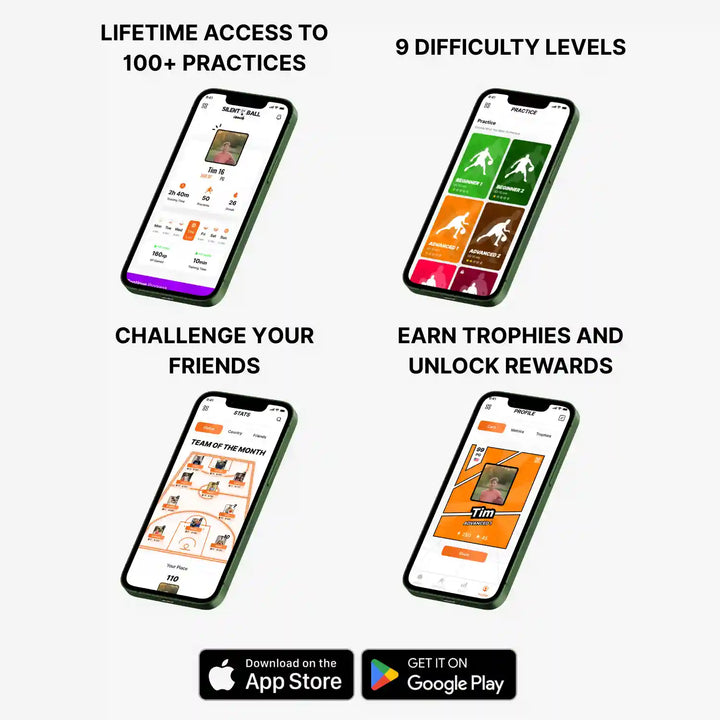 Four smartphone screens displaying features of an app with text about lifetime access, difficulty levels, friend challenges, and rewards.