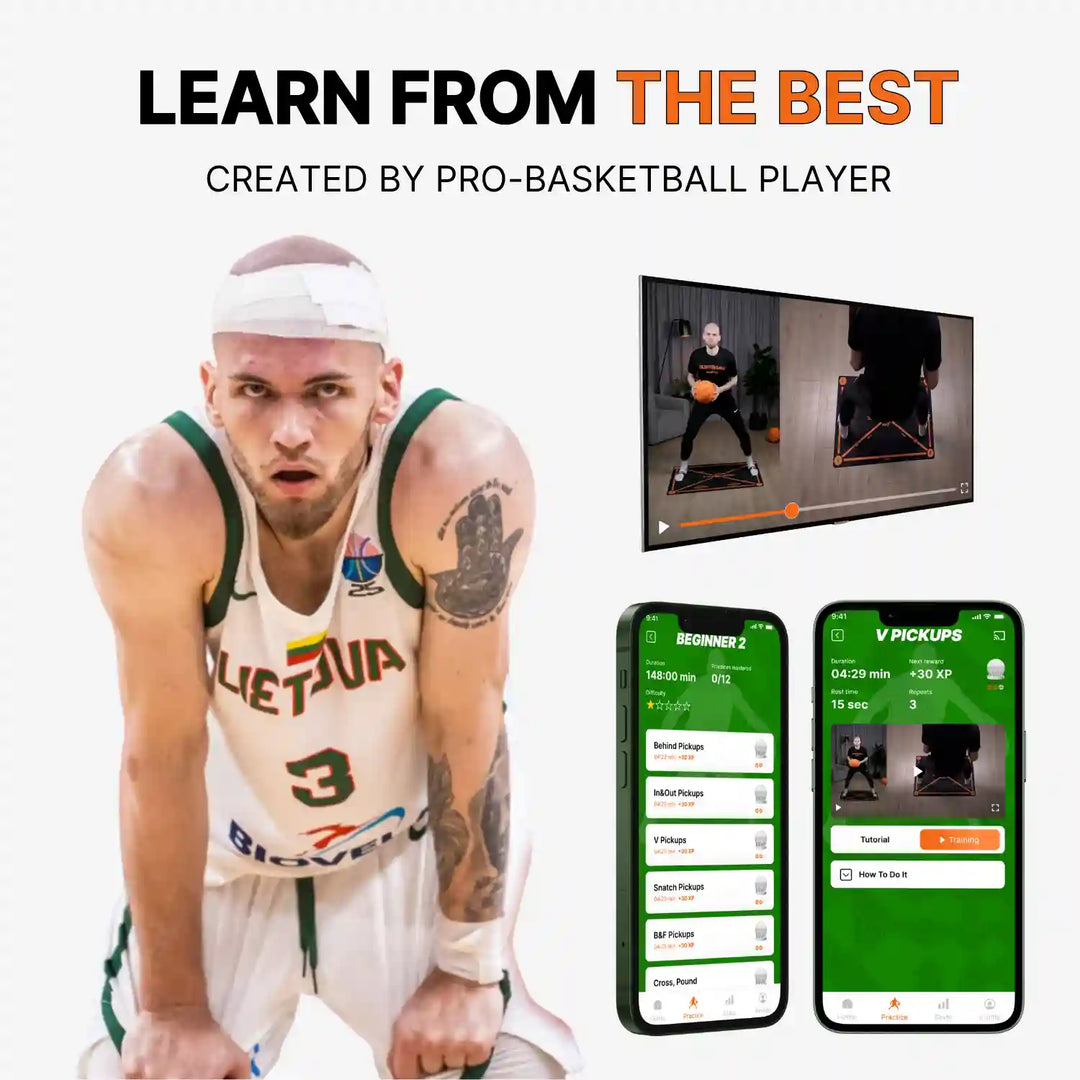 Basketball player with app interface on screen, promoting a basketball training program.