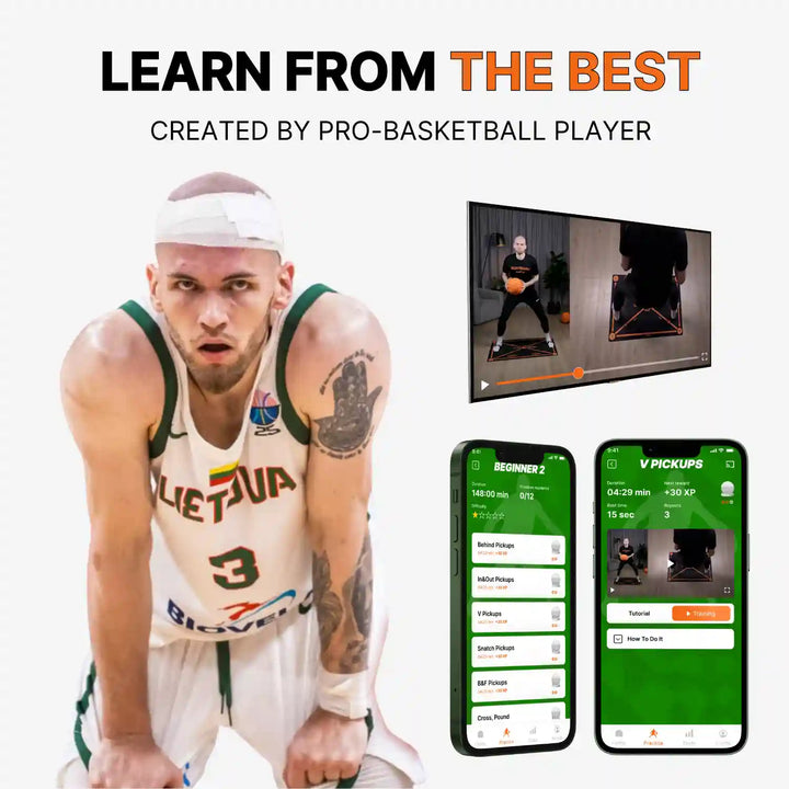Basketball player with app interface on screen, promoting a basketball training program.