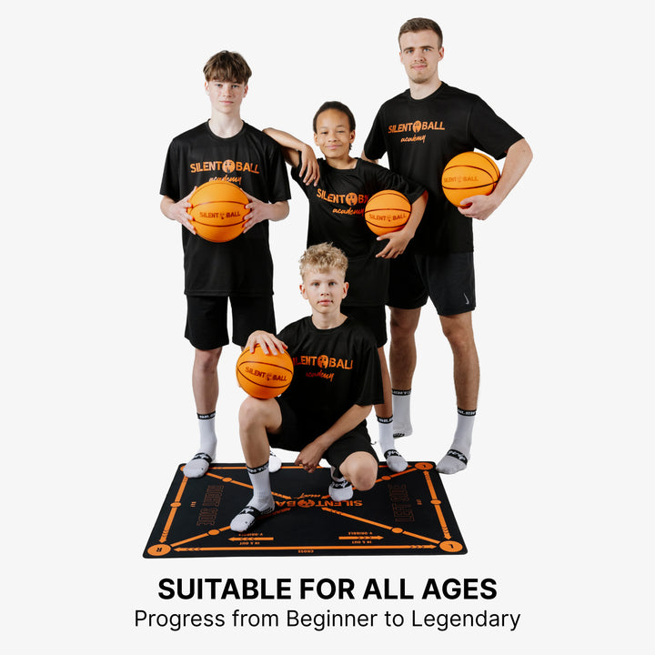 Four models of diverse backgrounds are posing with SilentBall Academy products, including the SilentBall, grip socks, and training mat, showcasing the product line's appeal to a broad audience.
