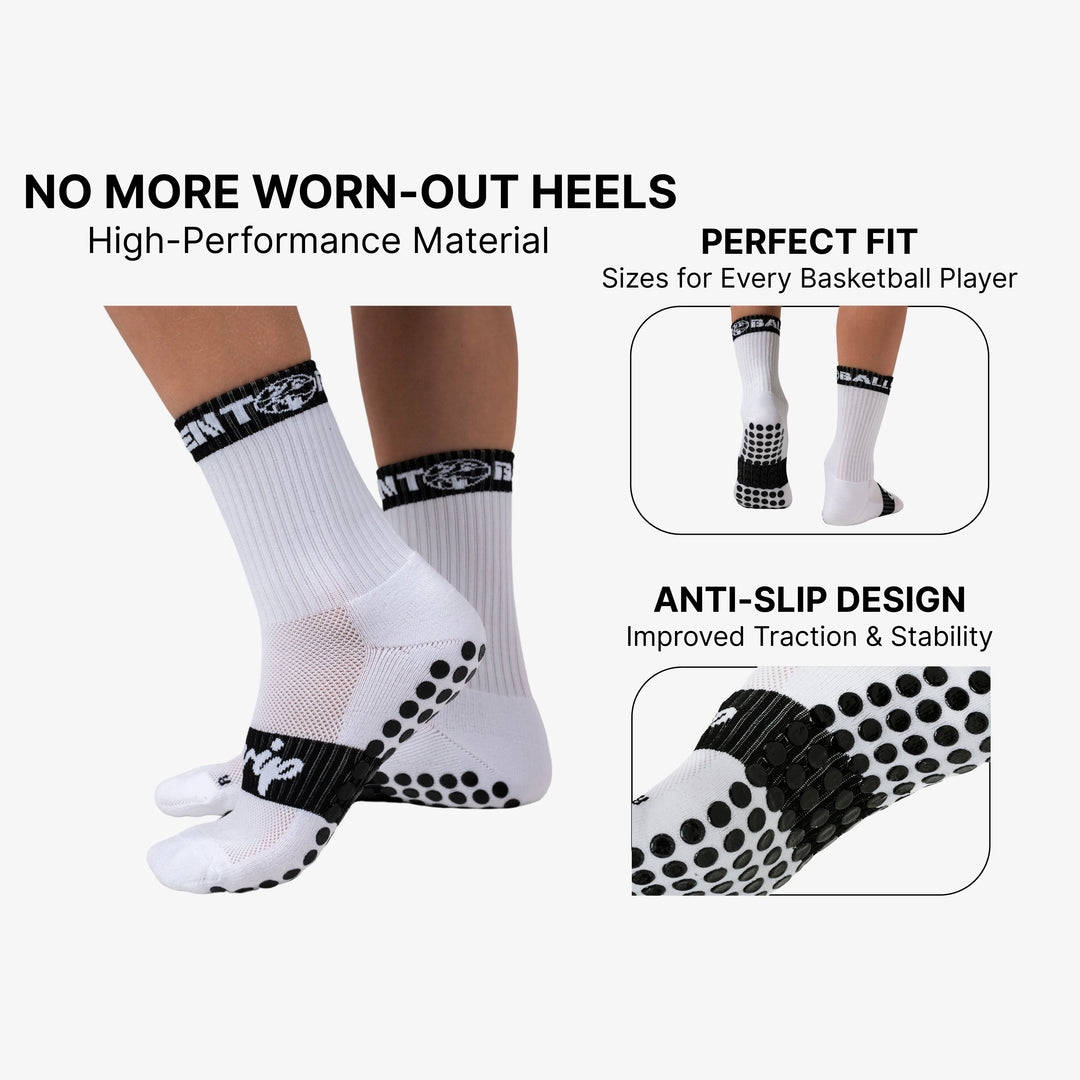 A product shot of SilentBall grip socks, highlighting their non-slip grip pattern, design, and intended use for enhanced basketball training