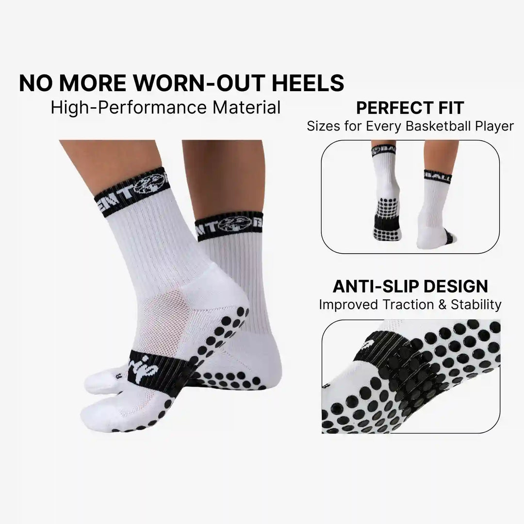 White socks with black accents and text highlighting features on a white background