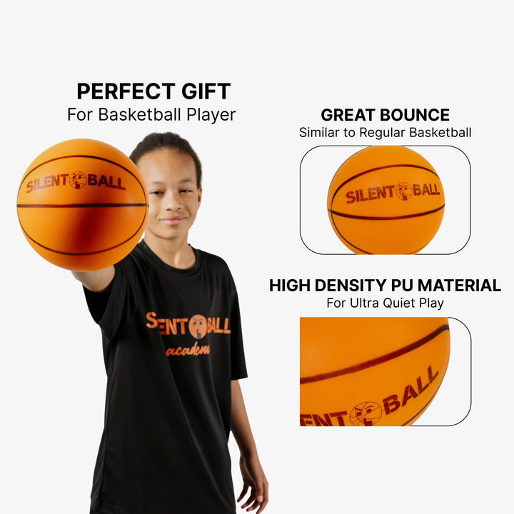A product shot of the SilentBall, highlighting its unique design, size, and silent bounce technology for quiet indoor basketball training