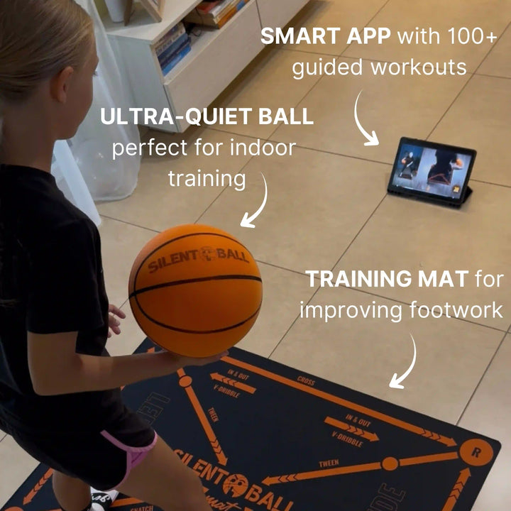 Three SilentBall Academy product, app, silentball and training mat presented with it's features