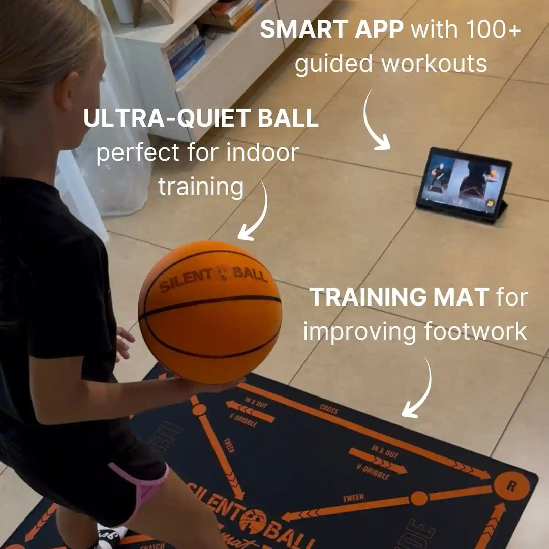 Person holding a basketball on a training mat with text about a smart app, ultra-quiet ball, and training mat.