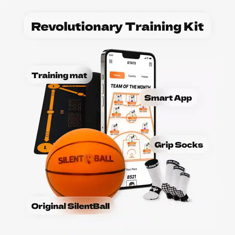 Basketball training kit with Silent Ball, training mat, smart app, and grip socks on a white background.