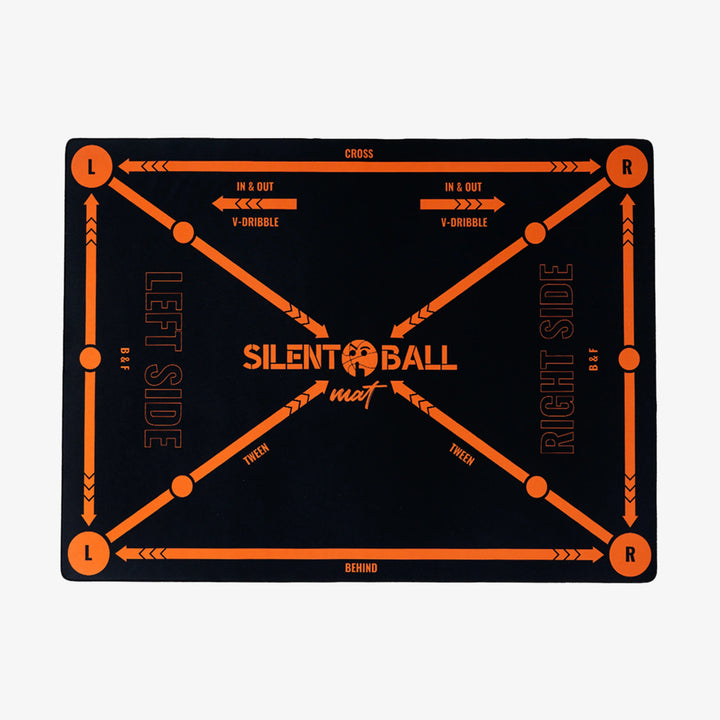 A product shot of the SilentBall training mat, showcasing its dimensions, material, and non-slip surface, designed for quiet indoor basketball practice