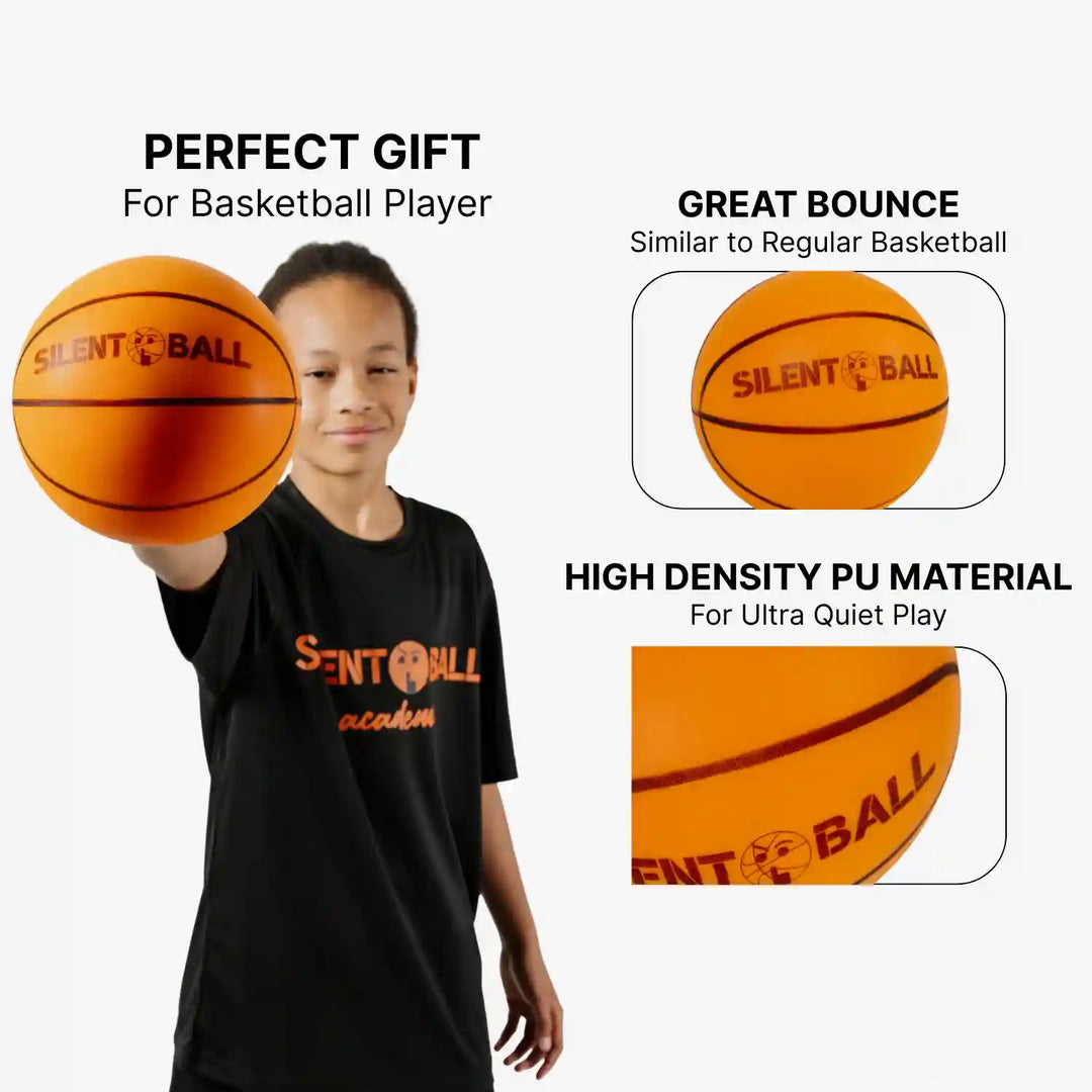 Person holding a Silent Ball basketball with product features highlighted on a white background