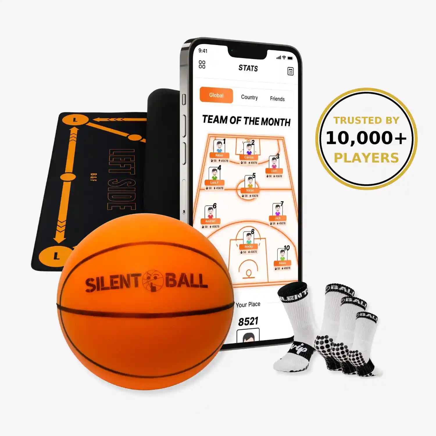 Basketball, smartphone with app, and socks on a white background