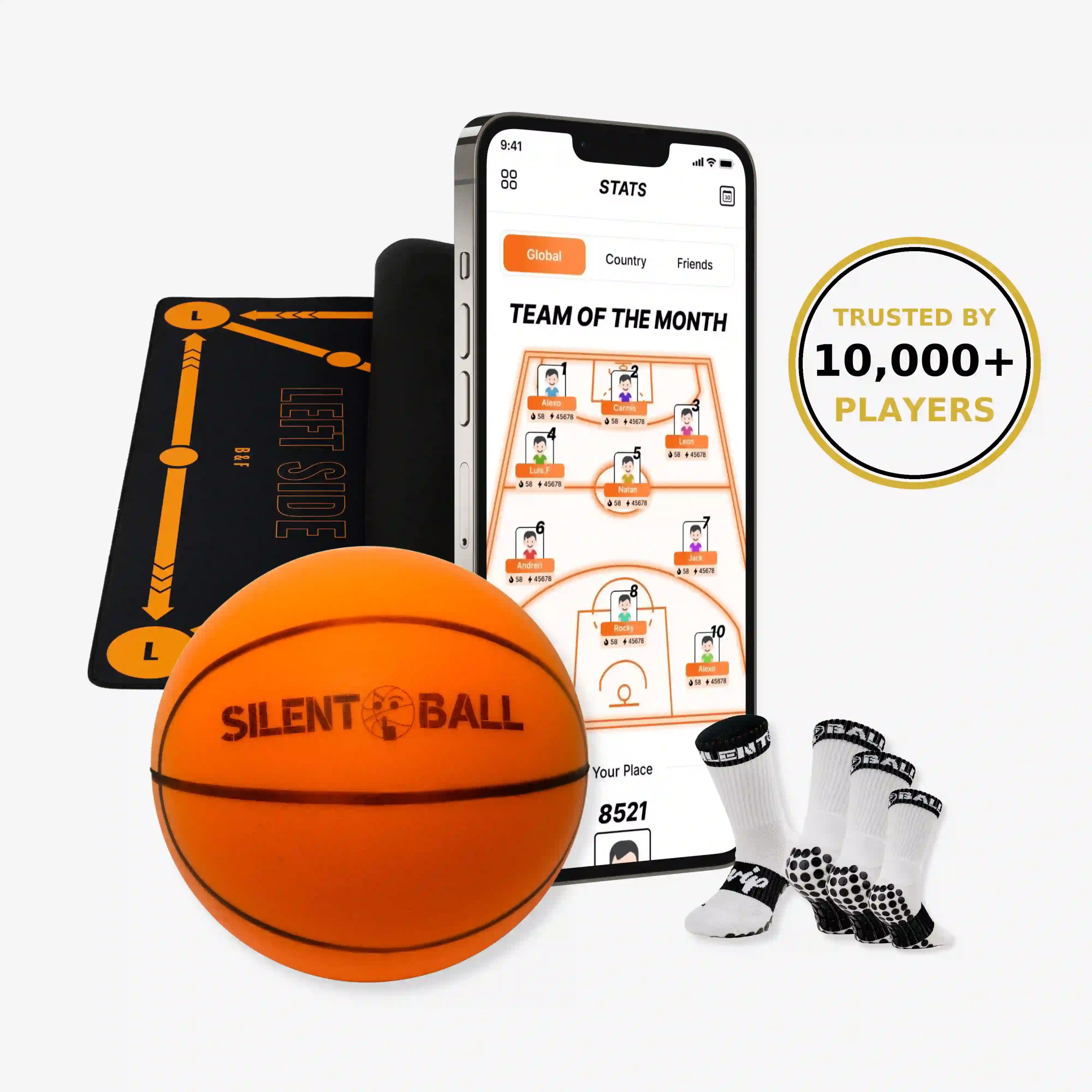 SIlentBall training kit presented with it's main products: SilentBall, training mat, smart app and grip socks