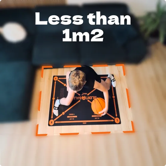 Basketball training mat with a person on it, placed on a surface with text 'Less than 1m2'. And Kid Playing with Silent Ball.