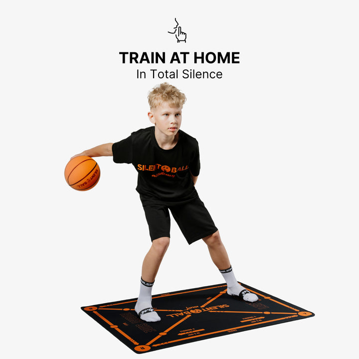An image depicting a person training at home with SilentBall Academy products, like the SilentBall and training mat, emphasizing the convenience and effectiveness of home-based basketball practice