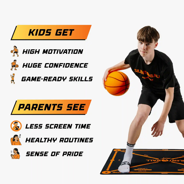 Person holding a basketball on a mat with text about kids getting high motivation and game-ready skills, and parents seeing less screen time and healthy routines.