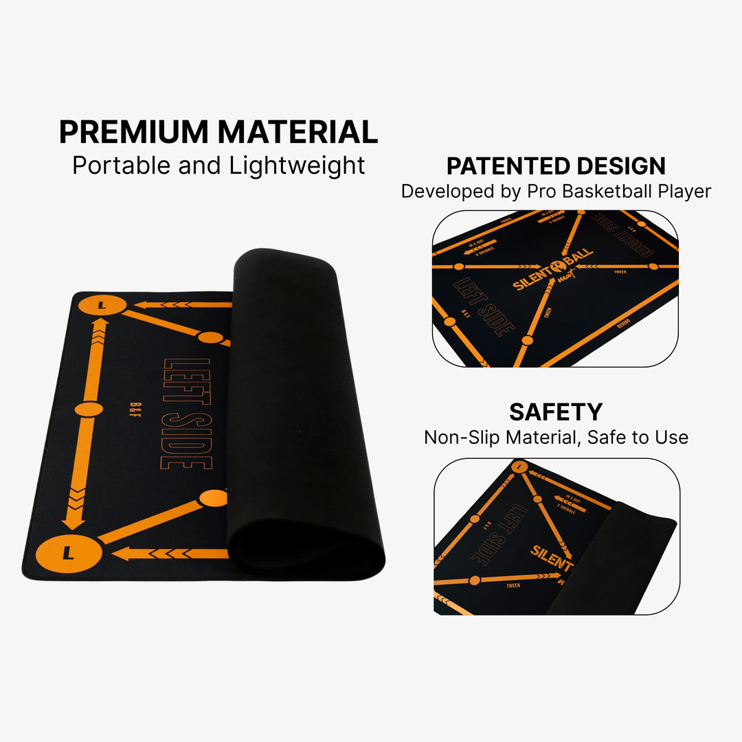 A product shot of the SilentBall training mat, showcasing its dimensions, material, and non-slip surface, designed for quiet indoor basketball practice