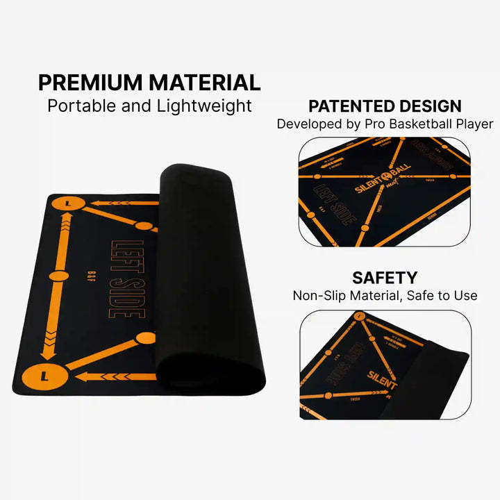 Black and orange basketball training mat with features highlighted on a white background