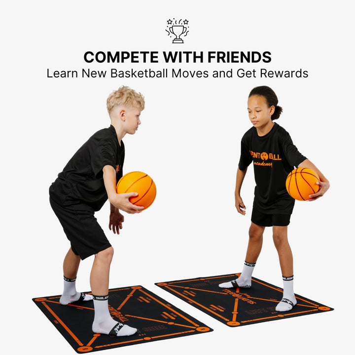 Two children happily playing with SilentBall Academy products, including the SilentBall and training mat, showcasing the fun and engaging aspects of the training system