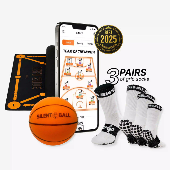 Basketball, phone with app interface, 'Best 2025' award, and socks on a white background